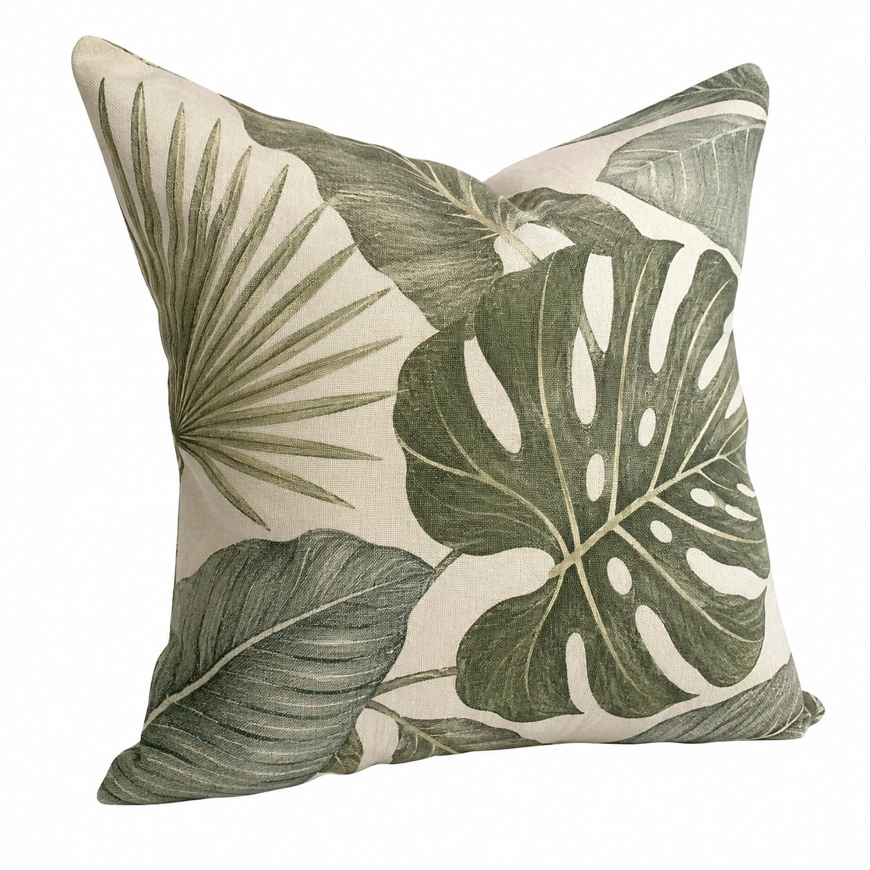 Dekokissen 45 cm x 45 cm Textil Grün Creme Blattmuster für Wohnräume