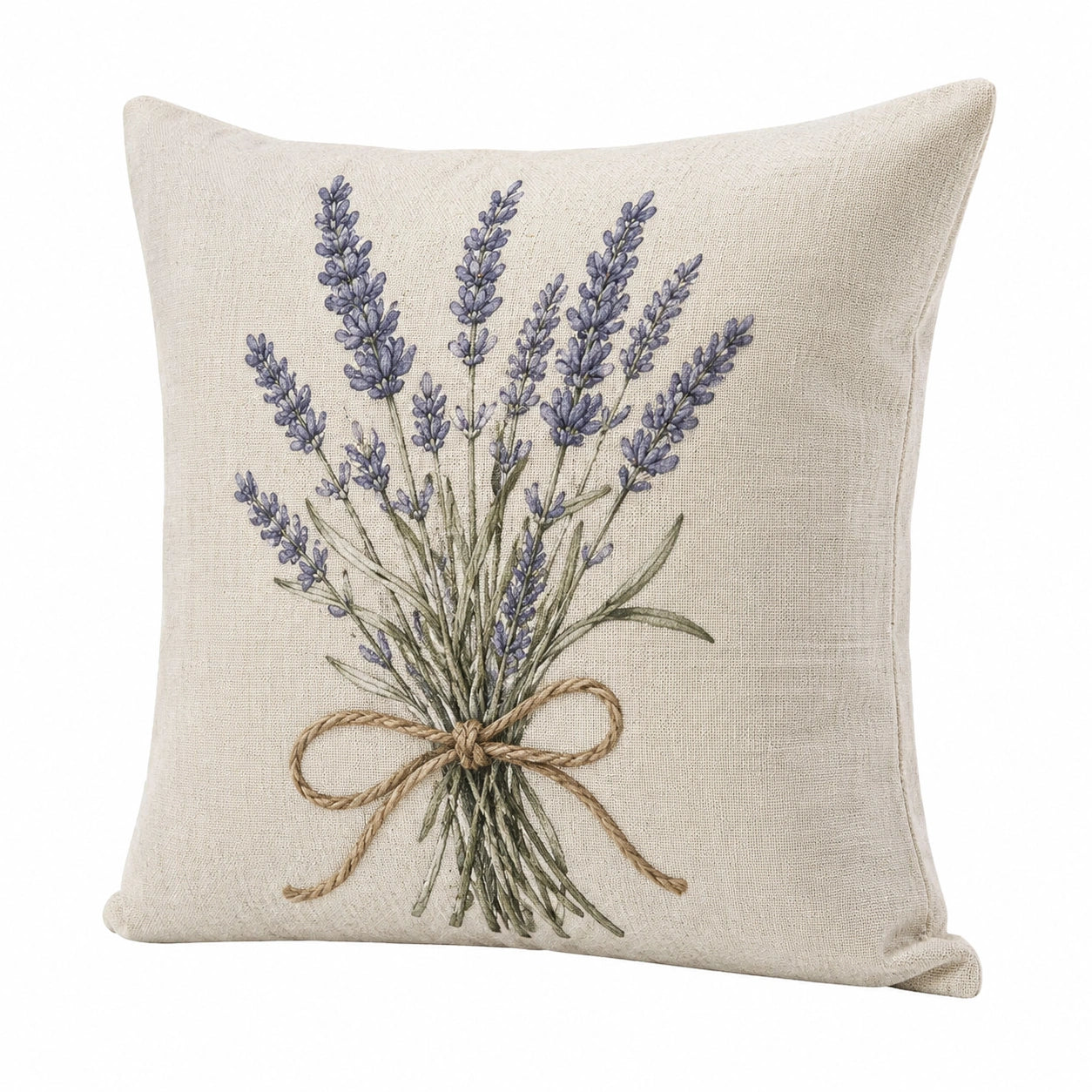 Dekokissen 45 x 45 cm in Leinenoptik Beige mit Lavendelmotiv für Sofa im Landhausstil