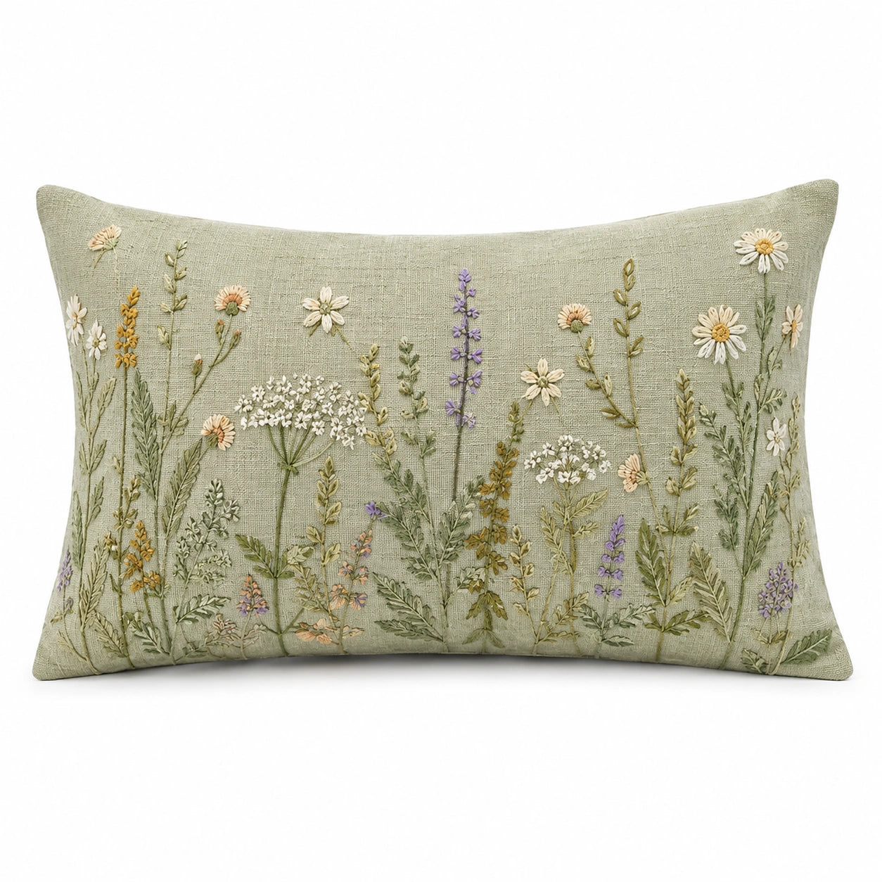 Dekokissen 50 x 35 cm Strukturgewebe Salbeigrün mit Blumenstickerei