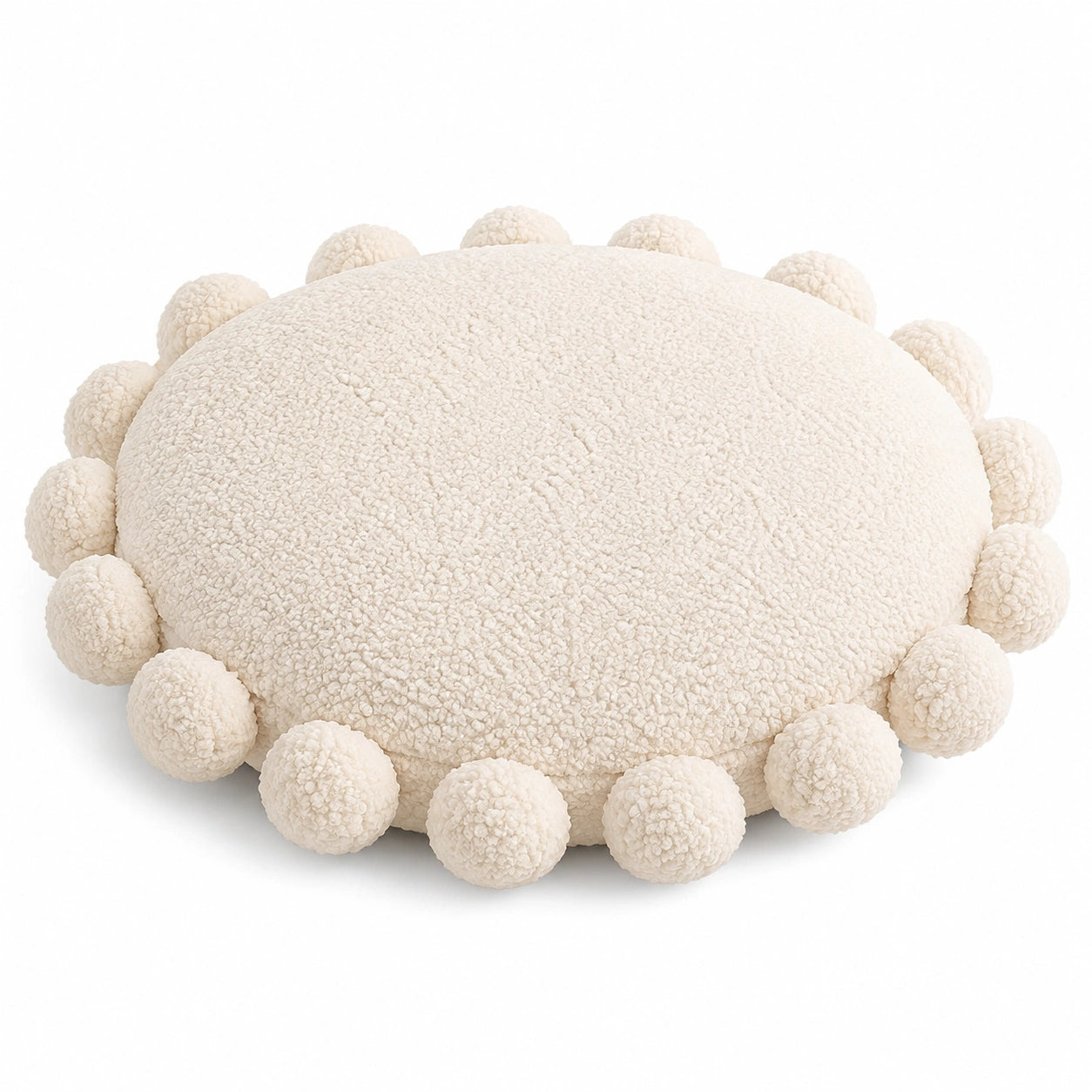 Rundes Zierkissen 45 cm in Creme aus Bouclé-Textil mit Pomponrand